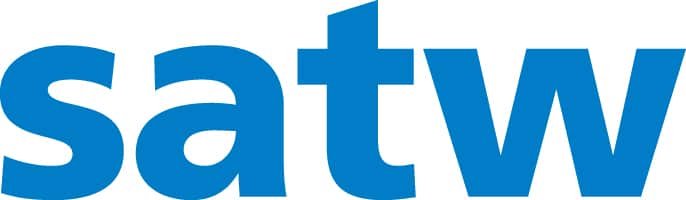 Blue lowercase letters "satw" in a bold, sans-serif font on a white background; the "a" is styled with an extended vertical bar.