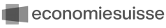 Economiesuisse-Logo mit sich überschneidenden geometrischen Formen auf der linken Seite und dem Wort "economiesuisse" in grauen Kleinbuchstaben auf der rechten Seite.