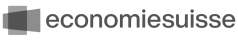 Economiesuisse-Logo mit sich überschneidenden geometrischen Formen auf der linken Seite und dem Wort "economiesuisse" in grauen Kleinbuchstaben auf der rechten Seite.