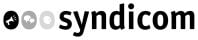 Syndicom logo with three circular icons—a megaphone, speech bubbles, and a profile—followed by the word "syndicom" in bold black letters.