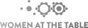 Logo for "Women at the Table" featuring gear and dot graphics above the organization’s name in bold, uppercase letters.