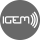 The iGEM logo features the word "iGEM" in stylized white text with curved lines resembling sound waves on a dark gray circular background.